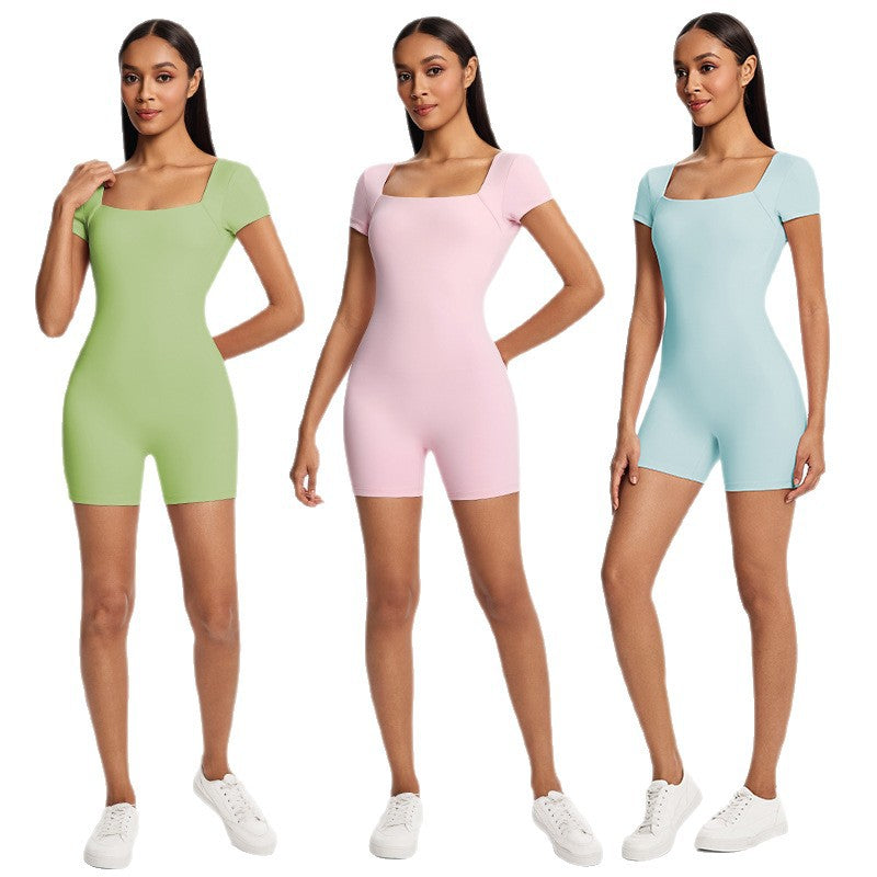 Solid color slim-fit short sleeve bodysuit - activewear for fitness, running, and yoga - women's summer lightweight jumpsuit