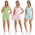 Solid color slim-fit short sleeve bodysuit - activewear for fitness, running, and yoga - women's summer lightweight jumpsuit
