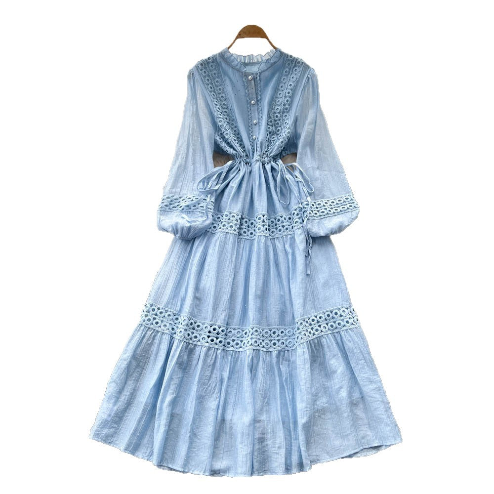 French court style puff sleeve dress - women's autumn hollow-out crochet drawstring waist elegant chic maxi dress