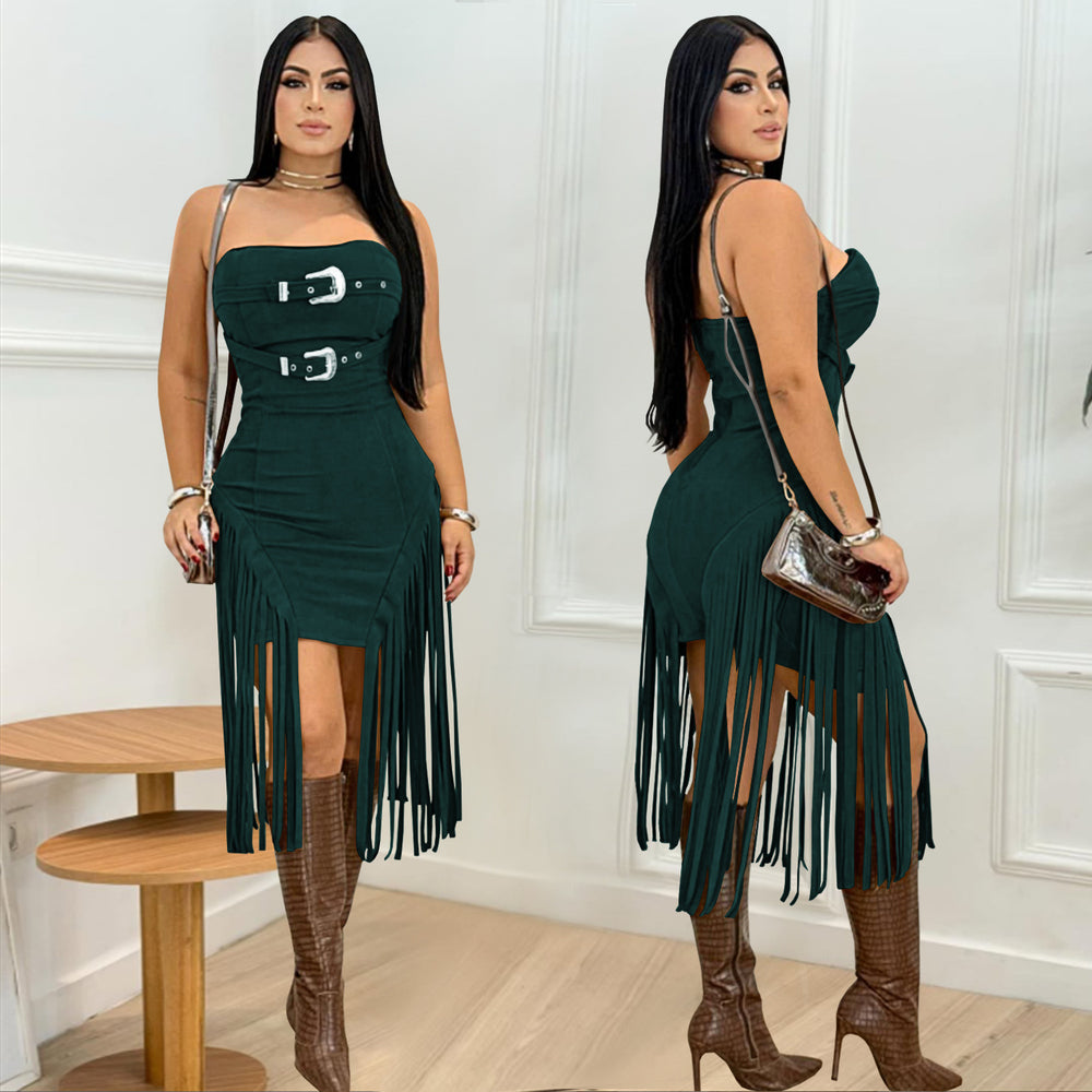 C7426 cross-border   fashion women's sexy sleeveless bandeau backless tassel dress