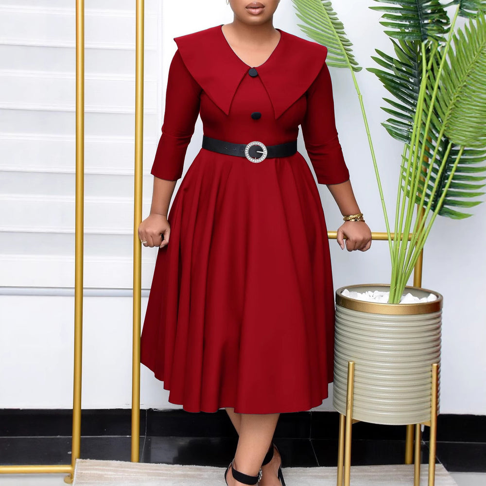 Q126 cross-border e-commerce women's apparel: european and american style, elegant oversized collar, short sleeve, slim-fit a-line dress, african-inspired dress