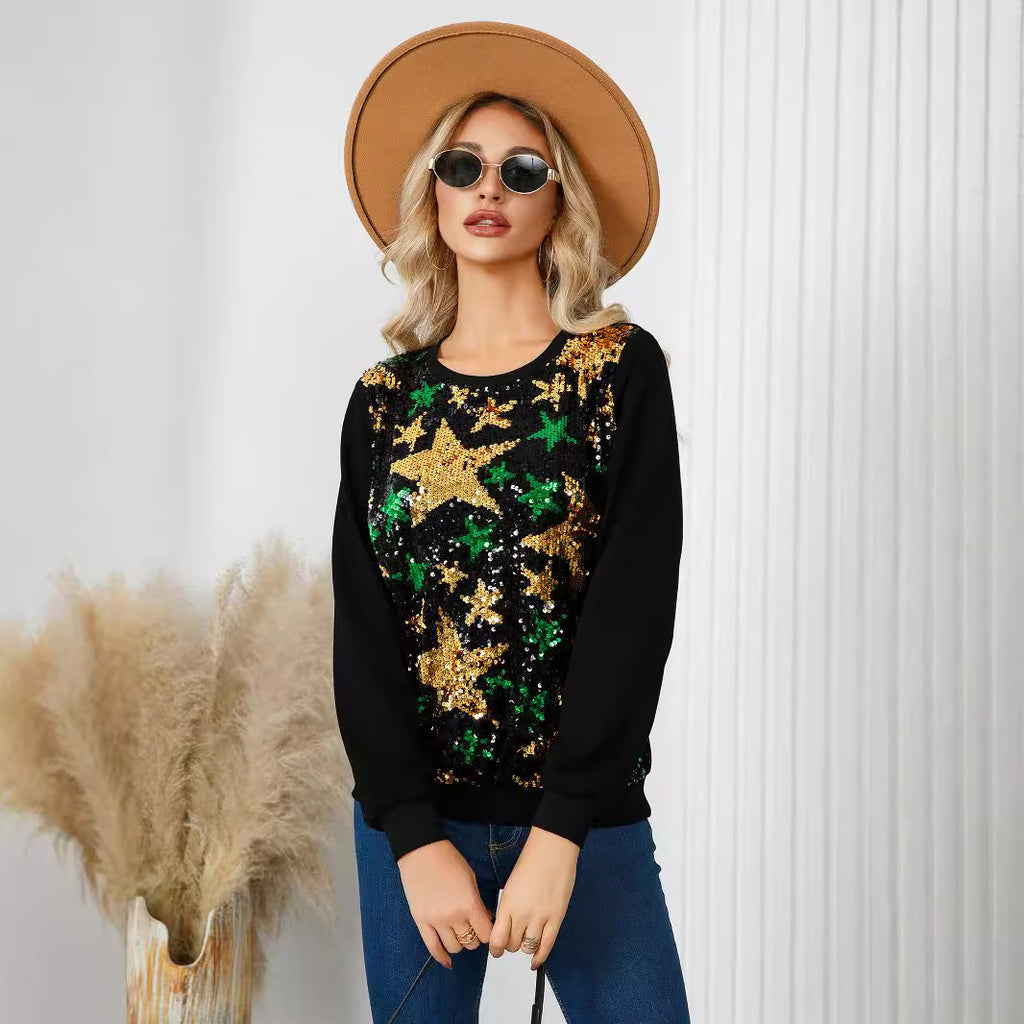 10526 European and American  women's long-sleeved top, five-pointed star pattern sequin fine flash Christmas party temperament sweater