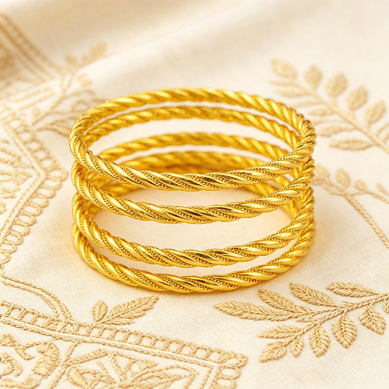 Vintage twisted rope gold-plated bangle - southeast asian & middle eastern wedding style, fine gold bracelet - live stream source, wholesale from manufacturer