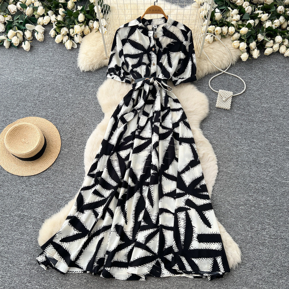 Vintage print a-line dress - women's summer short sleeve, slim fit, elegant long dress