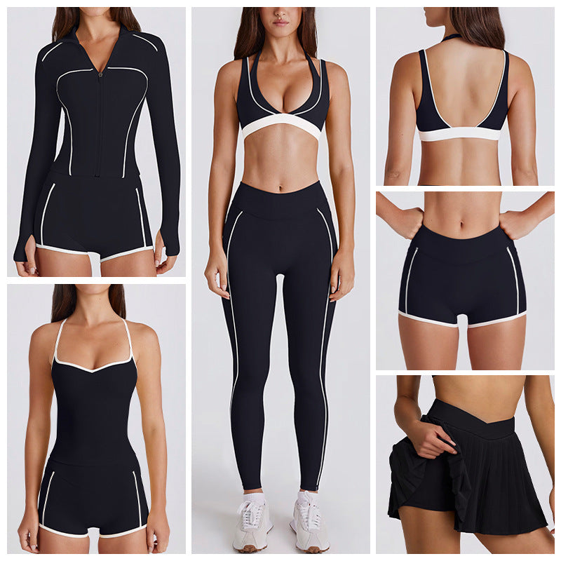 Contrast color bra tops long sleeves short sleeves pants shorts skirts pleated skirts zipper outwear yoga clothes six-piece suit