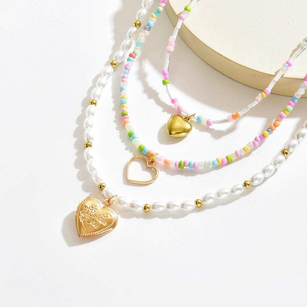European and american cross-border bohemian heart pendant necklace, fashionable multi-layered colorful beaded faux pearl choker