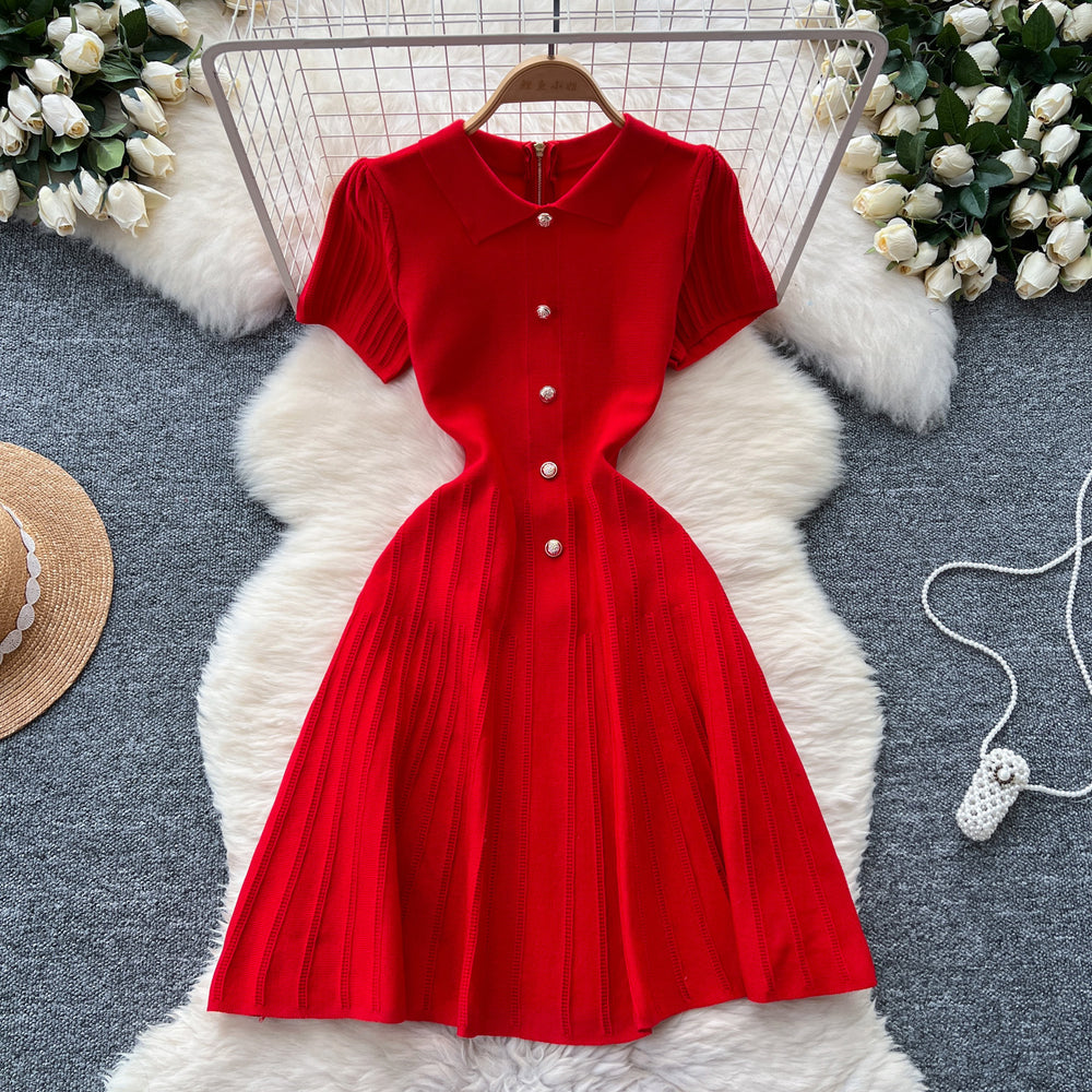 Frenchretro lapel short-sleeved dress female small fragrant style waist slimming lookelegant single-breasted button age-reducing sweater skirt
