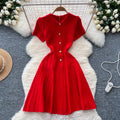 Frenchretro lapel short-sleeved dress female small fragrant style waist slimming lookelegant single-breasted button age-reducing sweater skirt