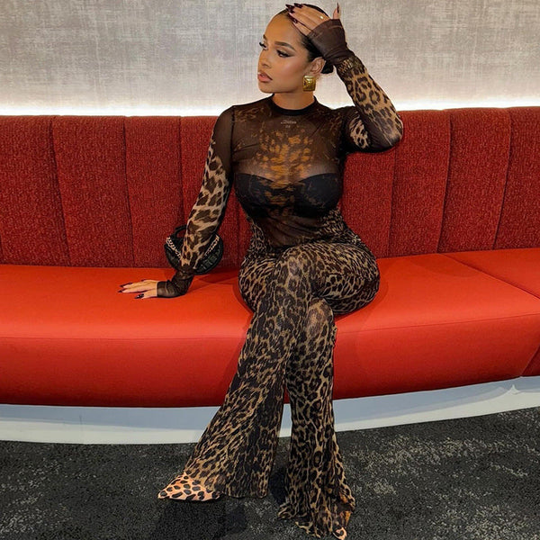 European and American style,  slim-fitting and slightly transparent women's clothing, fashion leopard print pants set, long-sleeved turtleneck top, long pants tide two-piece set