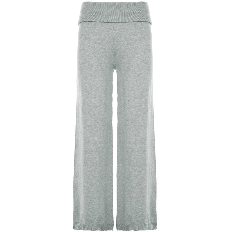 Cross-border fashion casual woolen suit pullover loose top turned waist head straight trousers loungewear two-piece set women