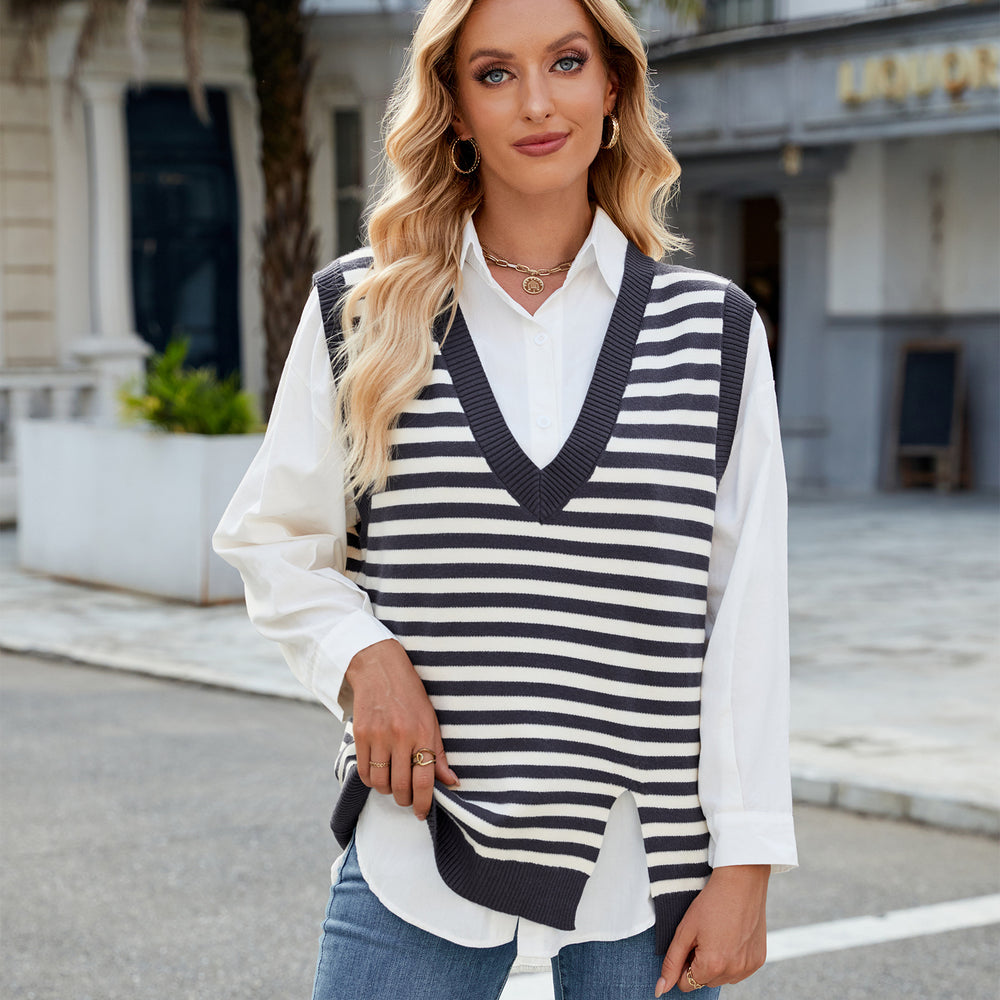 Fashion cross-border export women's clothing new arrival  independent station casual v-neck slit sweater vest vest