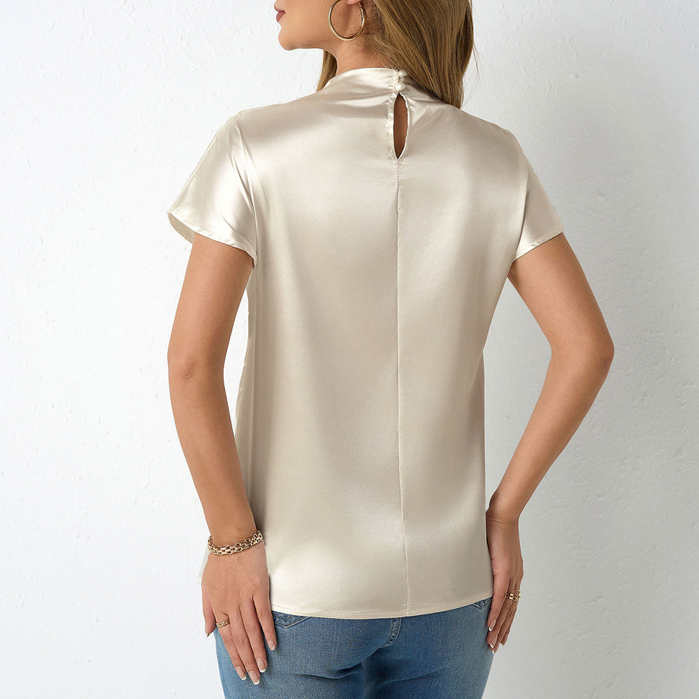 Real shot of cross-border hot-selling new arrival round neck short-sleeved satin t-shirt satin spring and summer women's left shoulder pleated tops wholesale