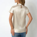 Real shot of cross-border hot-selling new arrival round neck short-sleeved satin t-shirt satin spring and summer women's left shoulder pleated tops wholesale