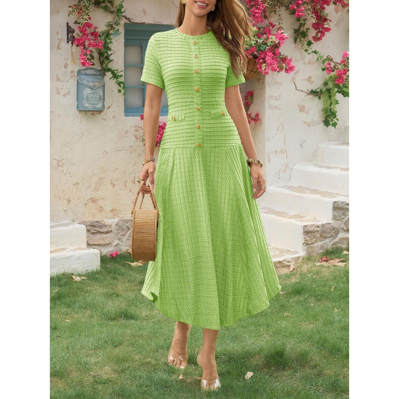 Amazon sweet & spicy  summer casual short-sleeve crew neck versatile button-up textured slim-fit midi dress