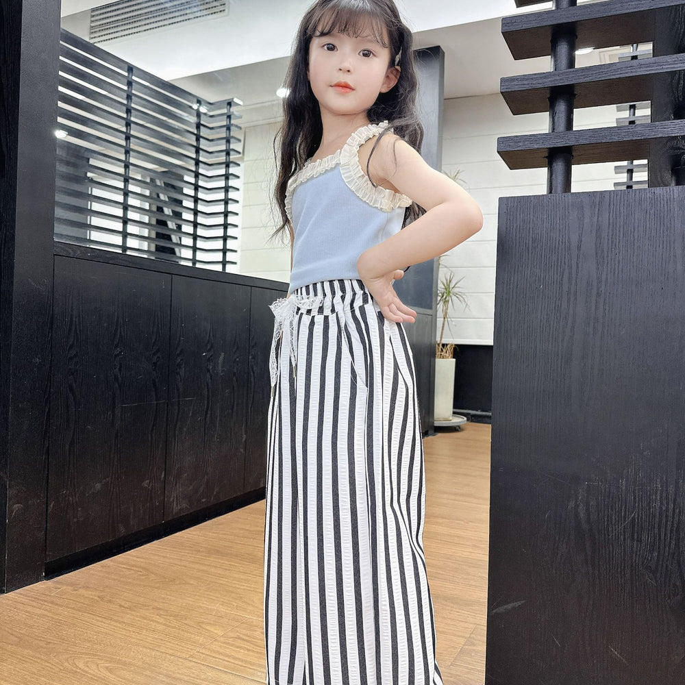 Girls' pants  new korean style kids striped lace waistband loose wide leg pants girls summer straight leg trousers