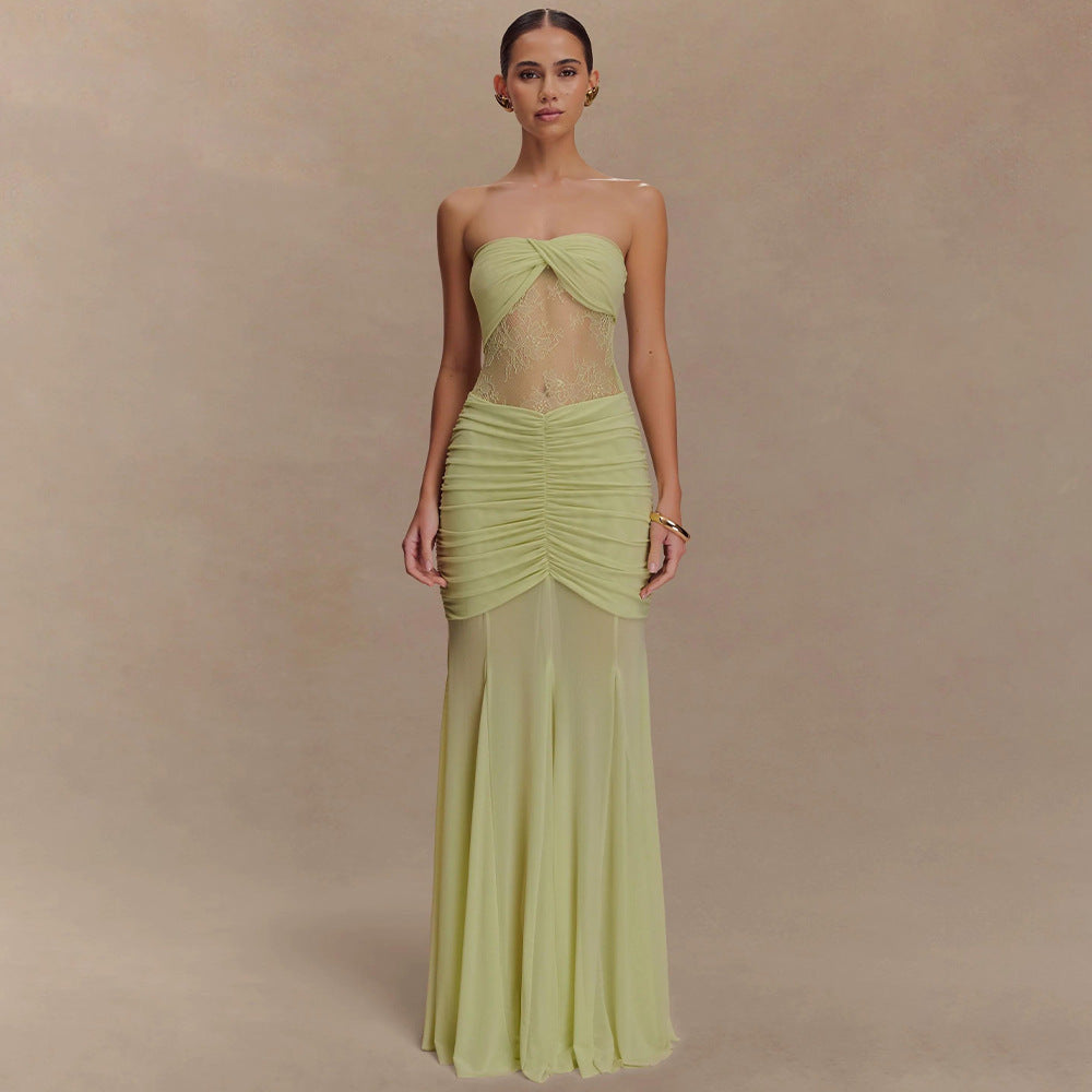 European and american cross-border  summer new sleeveless bandeau maxi dress - sexy, spicy, ruched, cutout, slim-fit women's dress