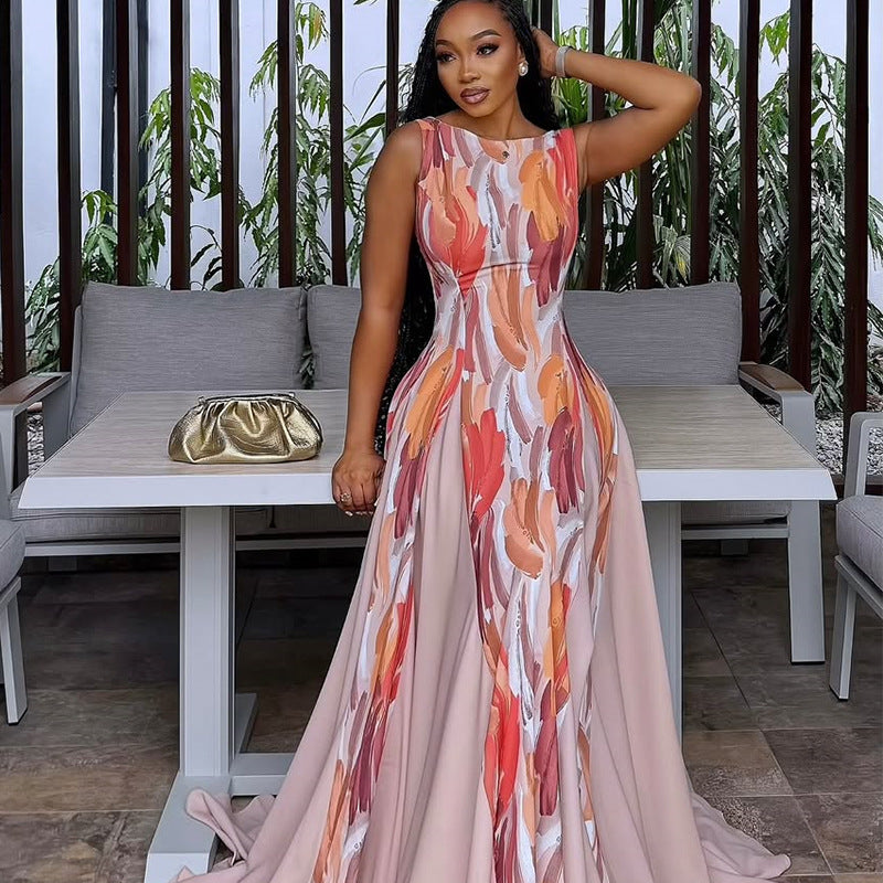 European and american cross-border women's fashion:  autumn new arrival - elegant round neck printed swing dress, sleeveless slim-fit maxi dress