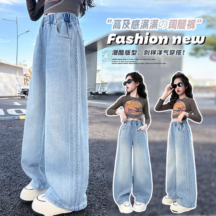 Girls' light wash denim wide leg pants - spring  new collection - stylish kids' and big girls' straight leg trousers - spring/autumn style