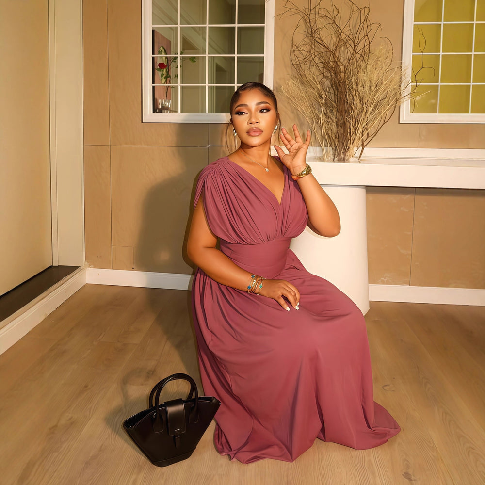 European and american cross-border women's fashion:  autumn new arrival - solid color v-neck ruched flutter sleeve cinched waist long elegant dress