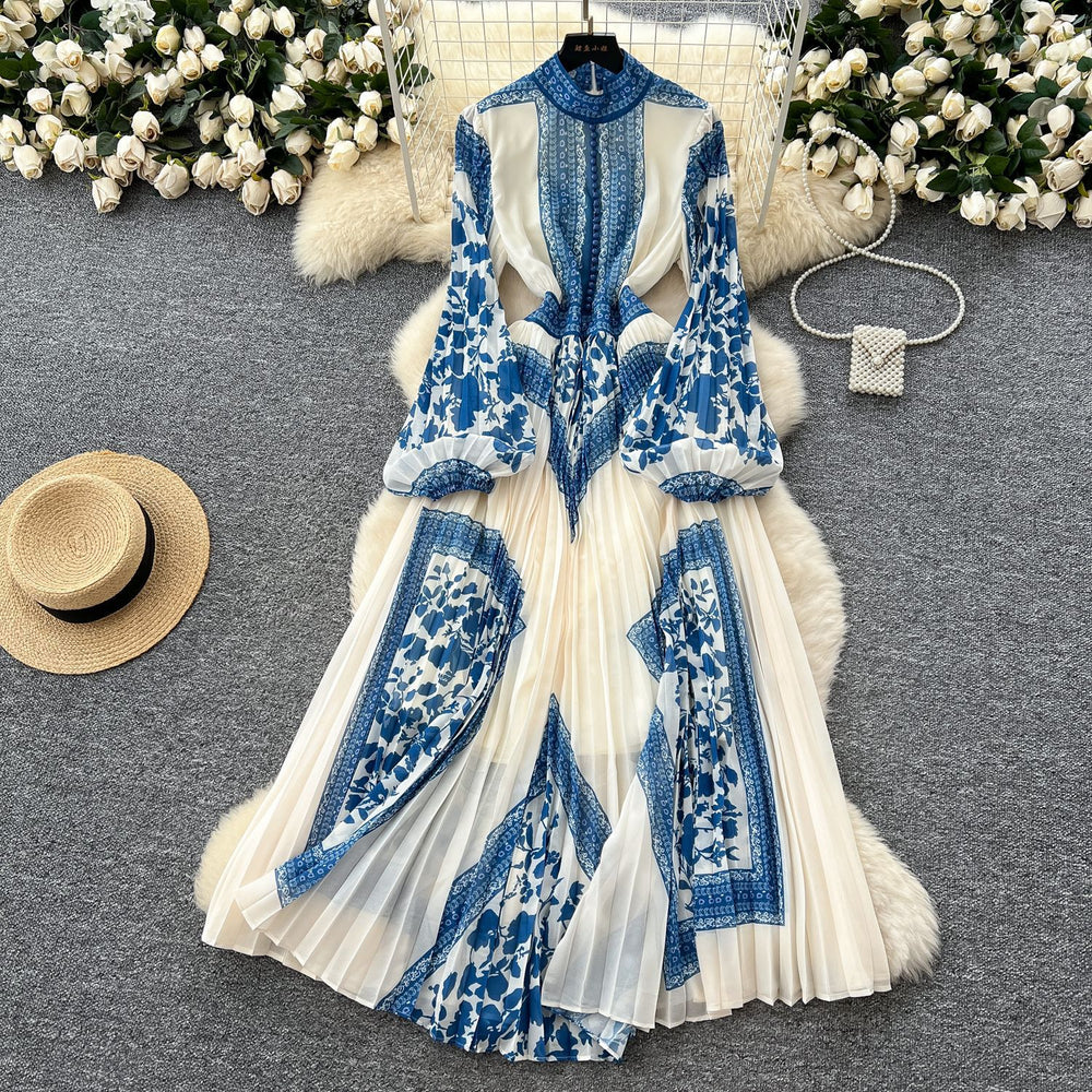 Miuccia prada-inspired pleated dress - women's spring  collection: high-end european & american style, high-waisted, slimming, printed, pleated maxi dress