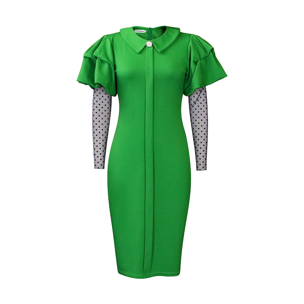 D3165 european and american women's clothing  autumn/winter new mesh patchwork pleated ol elegant commute plus size foreign trade dress