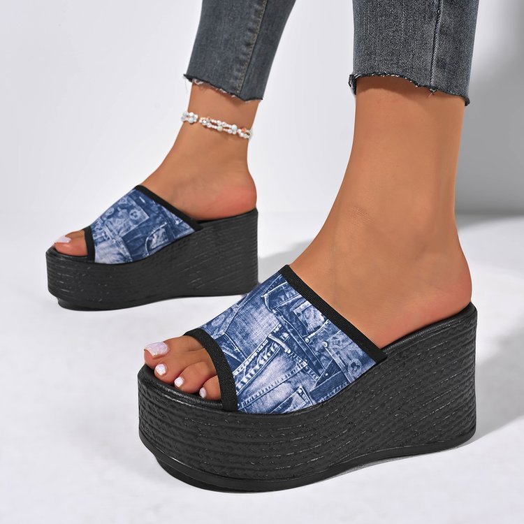 Plus size leopard print platform wedge heel one-line sandals women's casualexportthick solepetites beach shoes summer