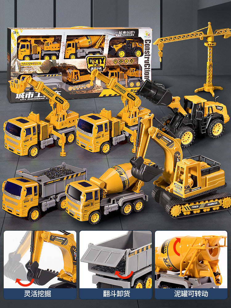 Kids' large construction vehicle set - excavator, mixer truck, bulldozer, dump truck, crane - toy car gift for boys
