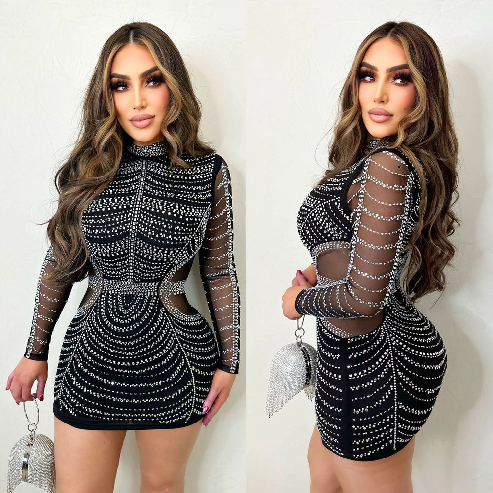C6385   fashion women's solid color hotfix rhinestone mesh see-through long sleeve mini dress