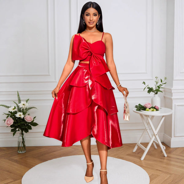 Personalized bow sexy suspender top, irregular elegant skirt set two-piece set