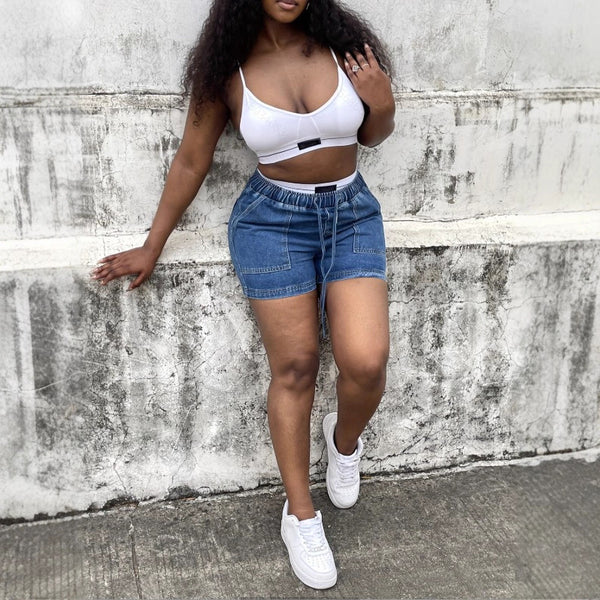 Europe and the United States  special 2025 new women's elastic waist solid color shorts casual pants versatile drawstring denim shorts