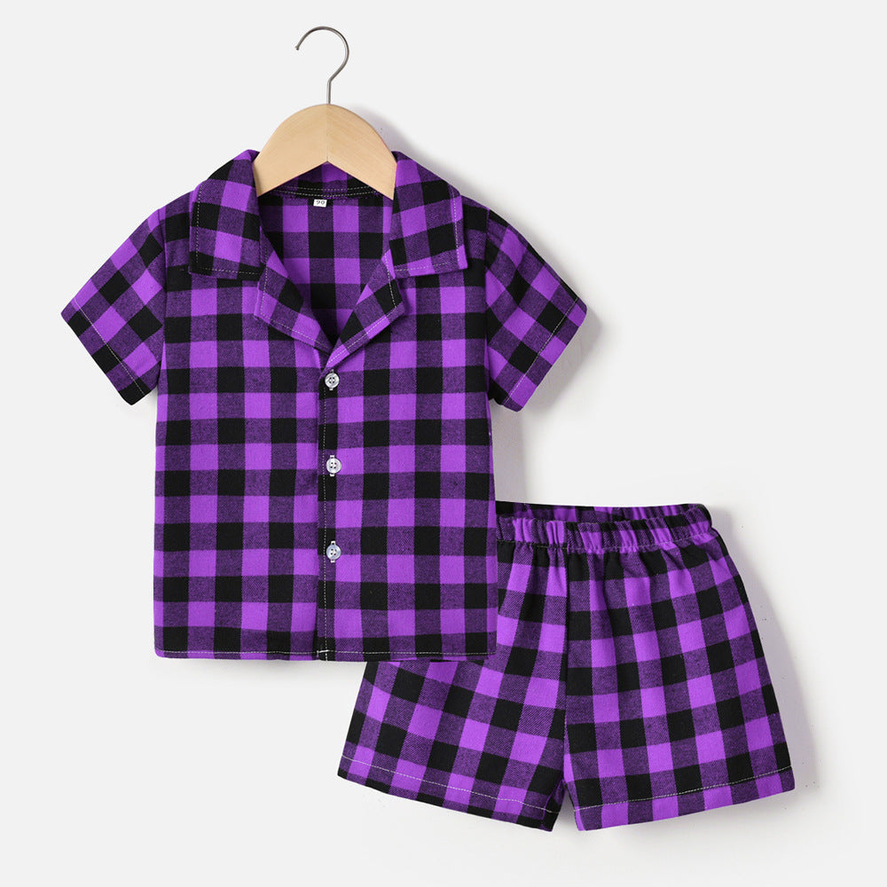 Boys' spring/autumn lightweight cotton short-sleeve cardigan plaid pajama set - kids' loungewear