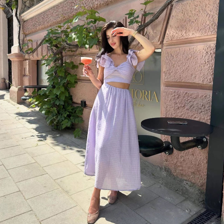 Frenchniche style chic super fairy whitedress women's seaside vacation style scheming cut out small flying sleeves large swing long skirt