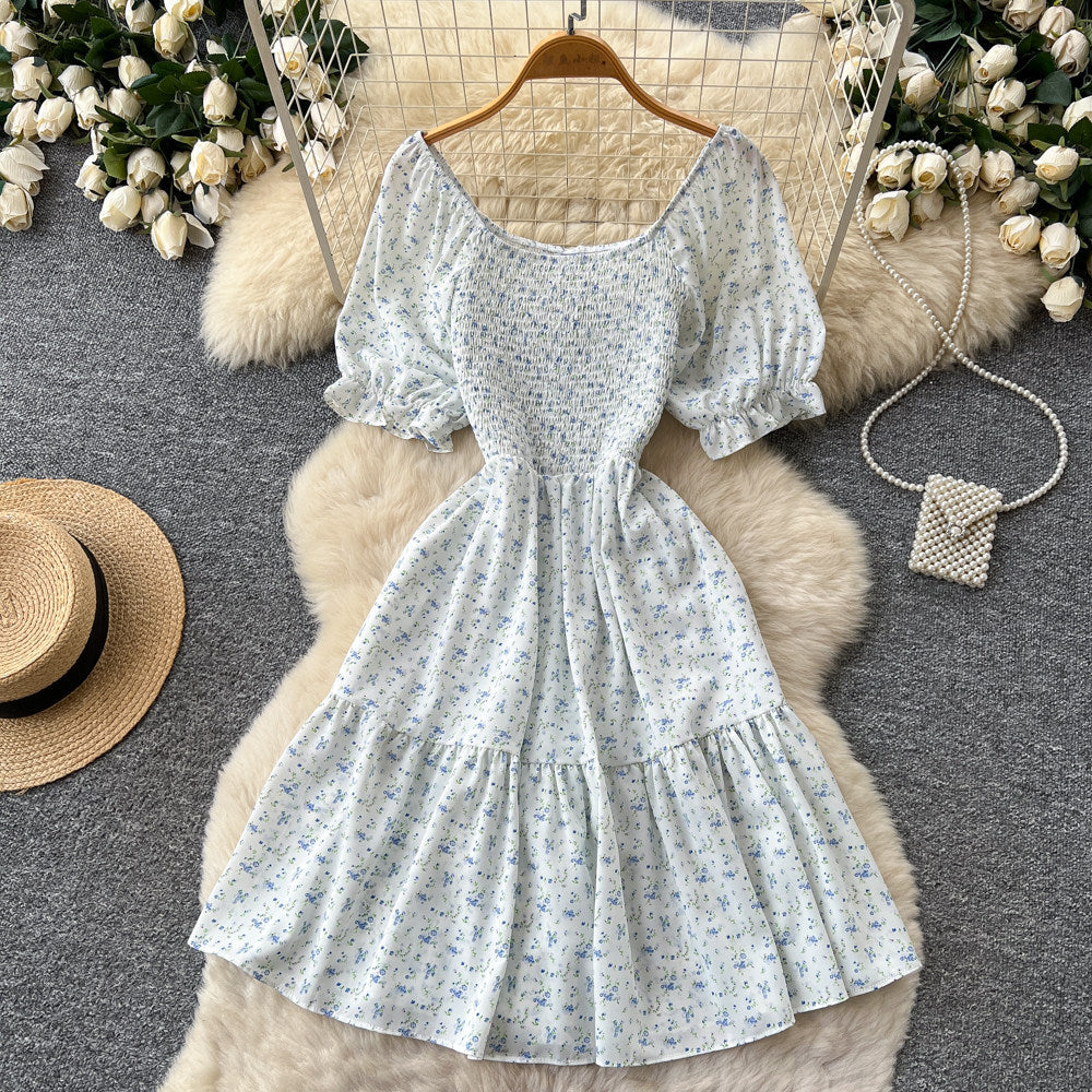 Korean style red floral print shirred waist pleated dress - women's summer puff sleeve square neck high waist a-line dress - romantic & chic