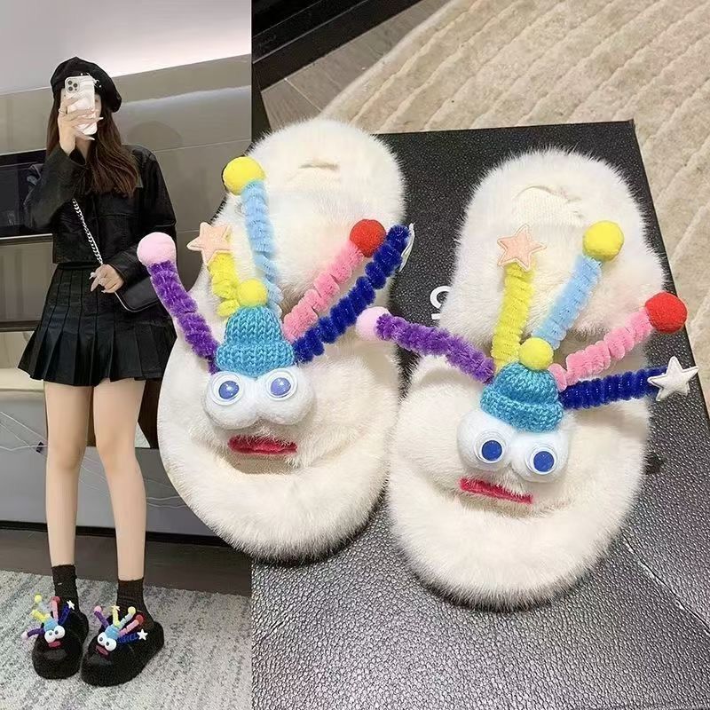 Lazy fashion furry slippers women's outwear 2025new arrivalfall and winterfor homehome fairy cotton slippers ins trend