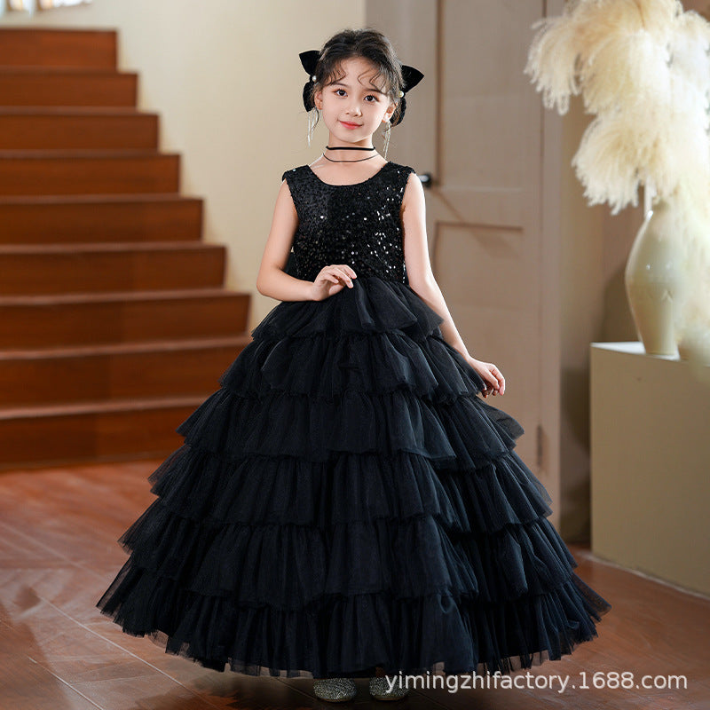 Hot-selling ready-to-ship girls' dresses: new european and american style, elegant tulle skirts, children's tiered dresses, high-end black halloween dresses