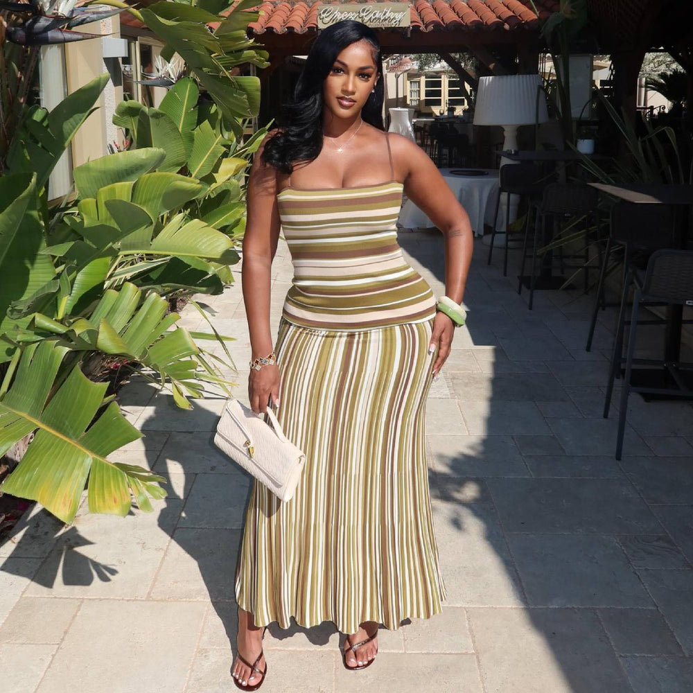 European and american cross-border women's fashion  summer new arrival: elegant striped sleeveless cami top and high-waisted midi skirt set