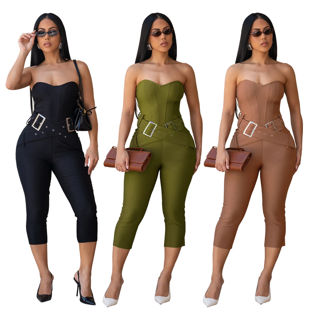 C7693 cross-border   fashion women's sexy slim-fit bandeau solid color bodycon jumpsuit