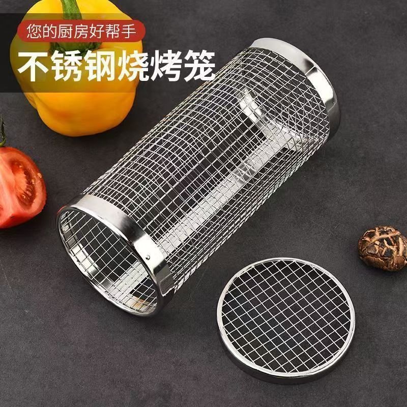 wholesale roasting cage stainless steel barbecue cage outdoor portable camping style picnic barbecue grill rotating rolling barbecue net