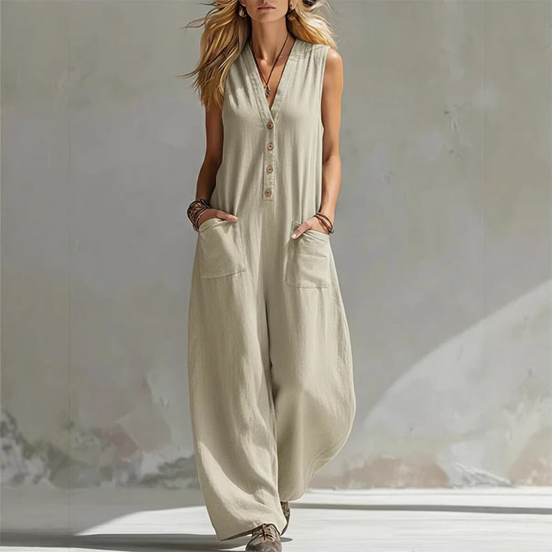 european and american women's clothing - summer fashion casual commute solid color v-neck button wide-leg jumpsuit