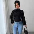 European and american cross-border women's fashion:  autumn new collection - mesh long sleeve puff sleeve beaded bodycon top