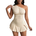 spring/summer new arrivals:  cross-border women's clothing - elegant and intellectual style dress, asymmetrical neckline, high-waisted, ruffle hem mini dress