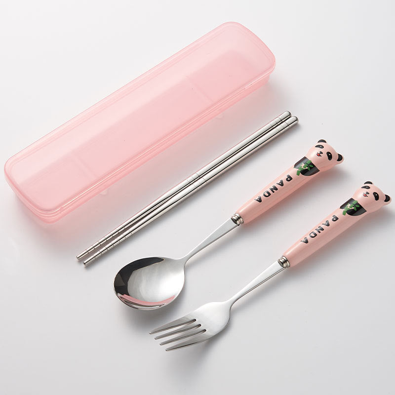 304 stainless steel portable cutlery set - creative panda design with ceramic handle fork, spoon, and chopsticks (3-piece set)