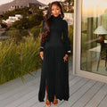 Fashion style cross-border elegant slit women's pure color pleated elegance hip skirt high collar silmlong sleevesdress trendy