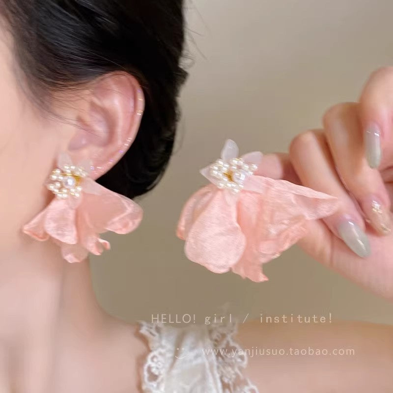 Spring floral chiffon mesh blue flower earrings - ethereal, sweet, and dopamine-boosting studs for women