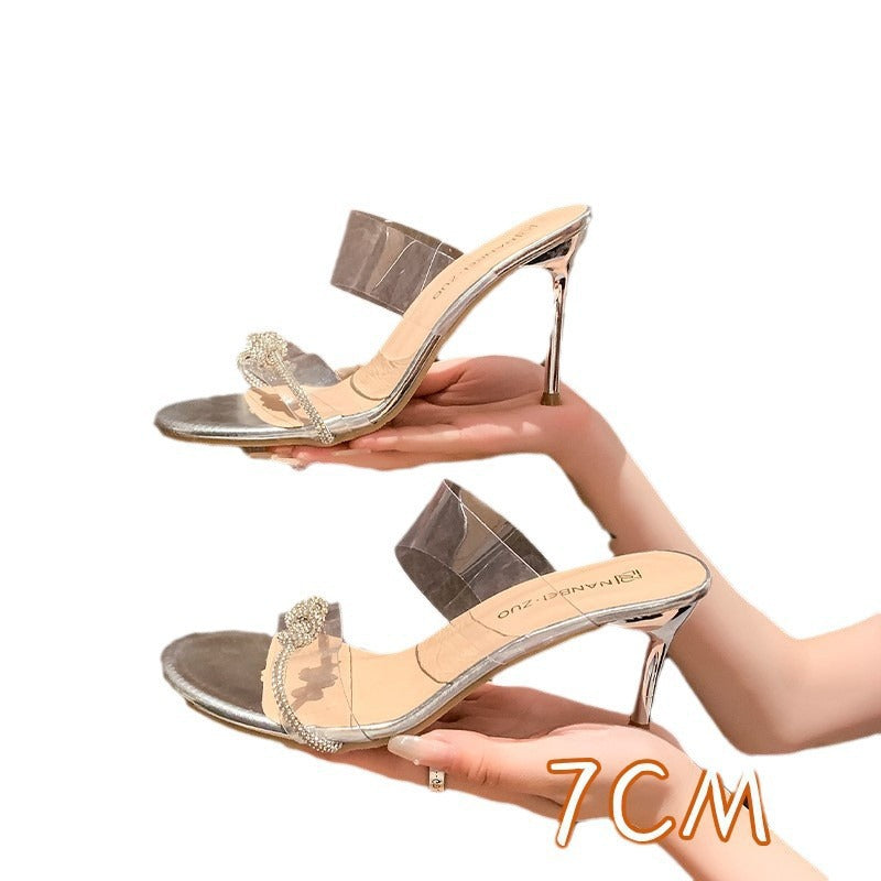 K-style this year's summernew arrivalplus size sandals rhinestone twist outwear transparent high-heeled sandals one-strap women's shoes