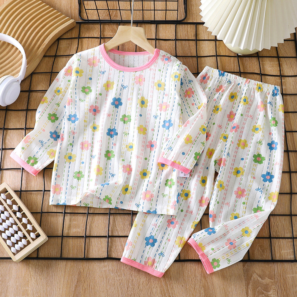 new children's pure cotton pajama set - summer long sleeve sleepwear, lightweight air conditioning suit for boys and girls