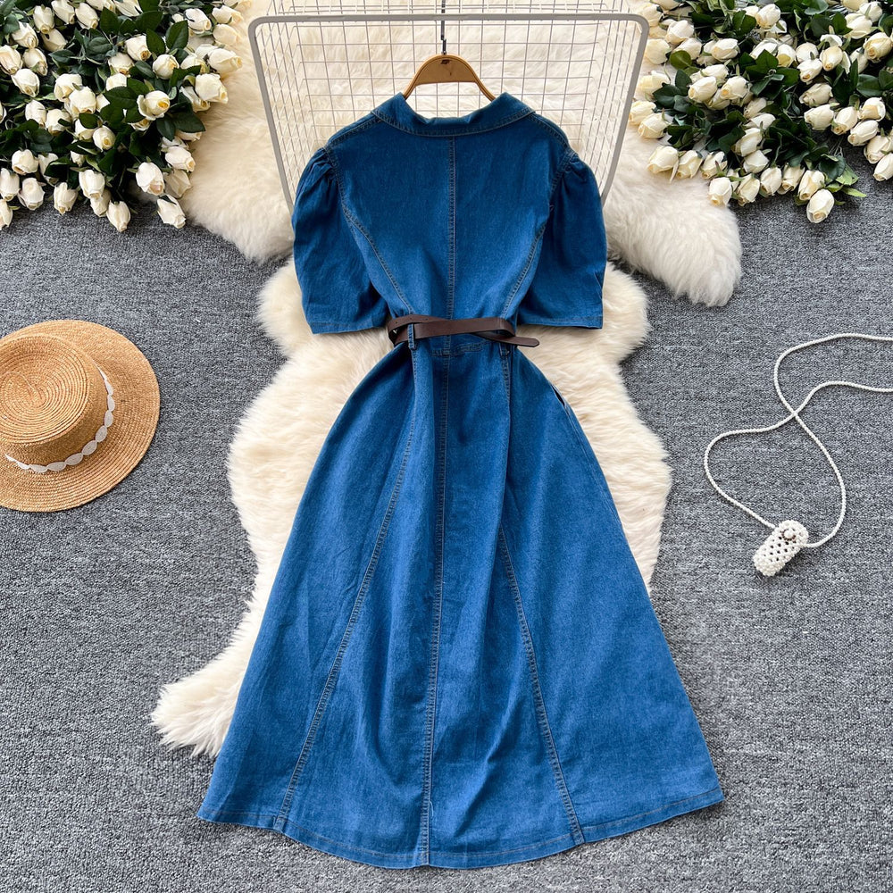 summer new arrival: chic and unique puff sleeve, single-breasted, cinched-waist denim dress - french style, slimming maxi dress for women