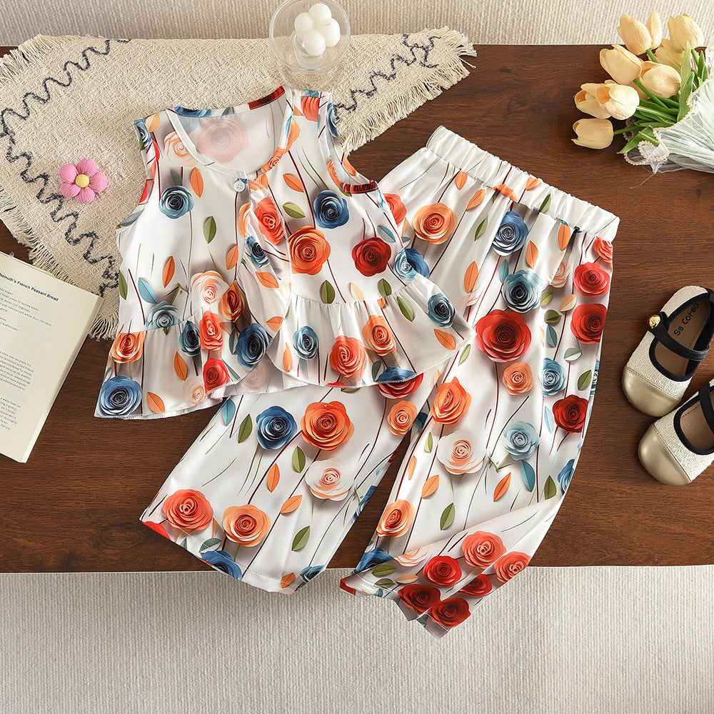 Girls' summer outfit : plant print casual sleeveless tank top and pants two-piece set - new cross-border wholesale & dropshipping