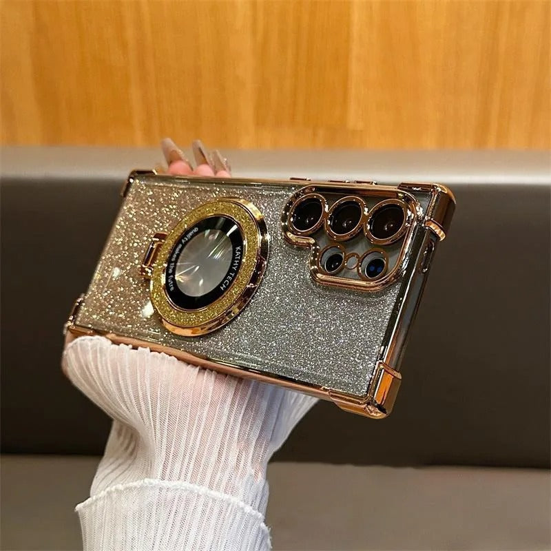 Suitable for samsung s25ultra glitter powder magnetic holder mobile phone case s26 electroplated four corners anti-fall note20 case a37