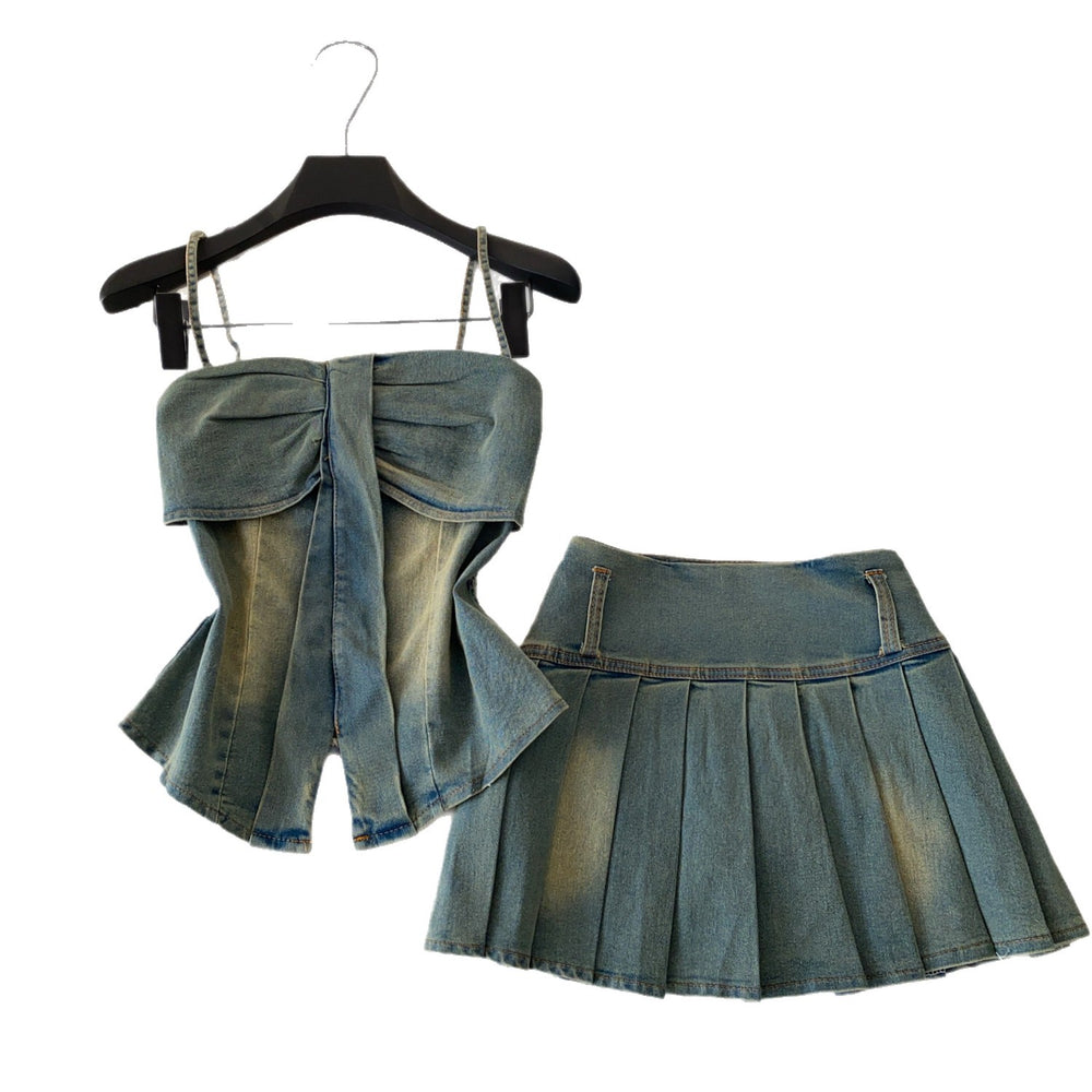 Western cowboy style bandeau cami top & pleated skirt two-piece set - women's new summer slimming & age-defying outfit